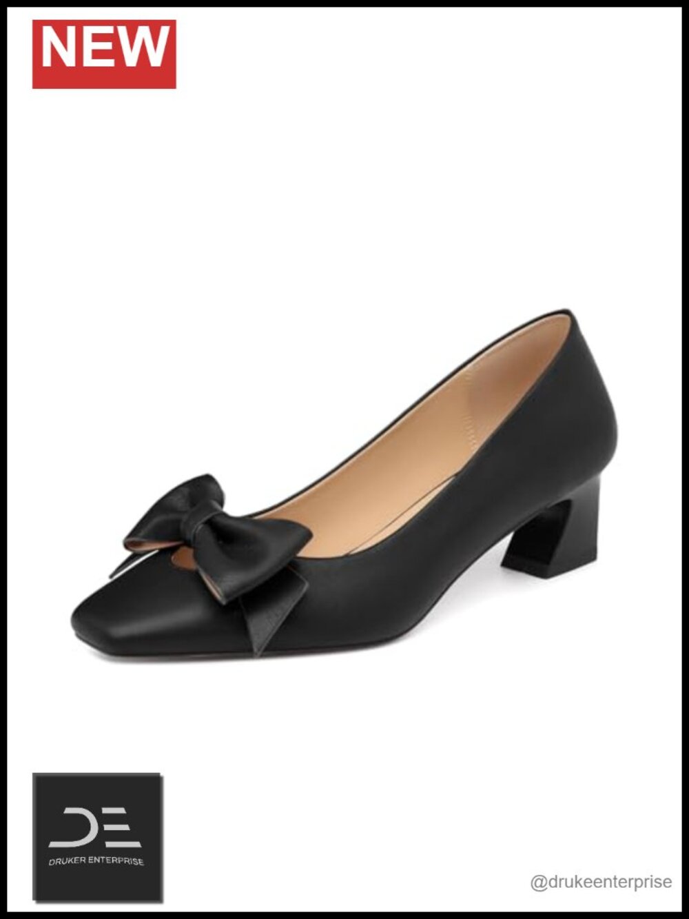 Ladies PU Chunky Low Heel Dress Pumps with Bow Slip-On Square Toe
